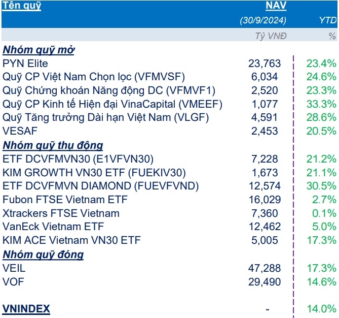Hiệu suất hoạt động của một số quỹ đầu tư cổ phiếu nổi bật trong 9 tháng đầu năm 2024. Nguồn: FiinPro-X Platform