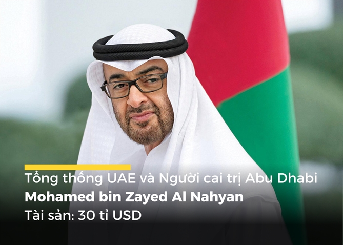 Mohamed bin Zayed Al Nahyan là Tổng thống thứ ba của UAE và Tiểu vương Abu Dhabi. Tài sản của ông đến từ cổ phần trong Công ty Dầu khí Quốc gia Abu Dhabi (ADNOC), Emirates Global Aluminium (EGA), Etihad Airways, bất động sản (bao gồm cả Burj Khalifa), Ngân hàng Abu Dhabi và các công ty quốc tế khác.