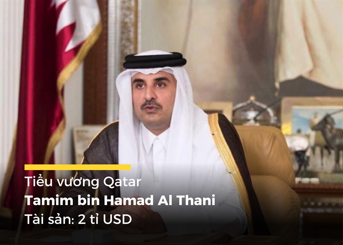 Tiểu vương Qtar - Tamim bin Hamad Al Thani, hiện có 2 tỉ USD. Tài sản của ông chủ yếu đến từ cổ phần trong Cơ quan Đầu tư Qatar (QIA), bất động sản hạng sang, du thuyền và các tài sản giá trị cao khác.