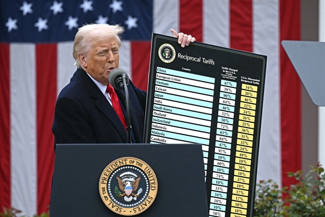 Tổng thống Trump công bố bảng thuế đối ứng tại Nhà Trắng ngày 2/4.