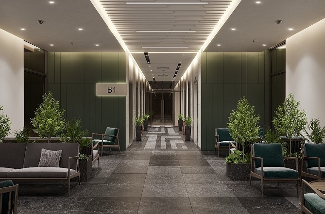 Sảnh đón tầng hầm Sky Retreat với 9 thang máy