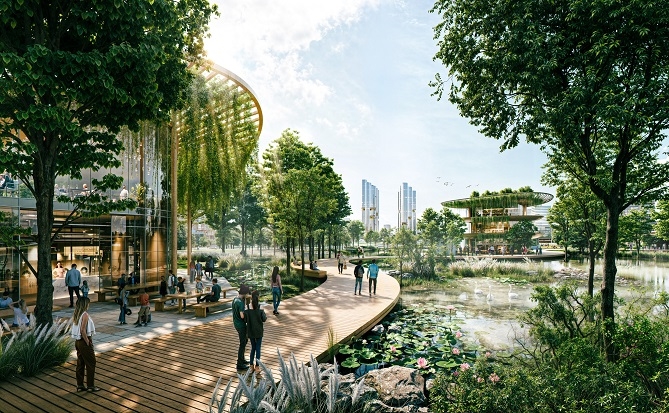 Khu đô thị cao cấp Mê Linh ưu tiên diện tích lớn cho không gian cảnh quan, cây xanh (Ảnh minh họa: Sun Property)