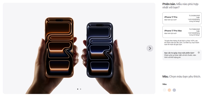 Website cũng đã cập nhật bảng giá các sản phẩm iPhone 17. Ảnh chụp màn hình