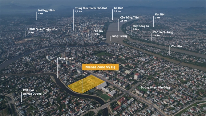 Menas Zone Vỹ Dạ sở hữu kết nối giao thông đắt giá với 3 mặt giáp đường, 1 mặt giáp sông Như Ý