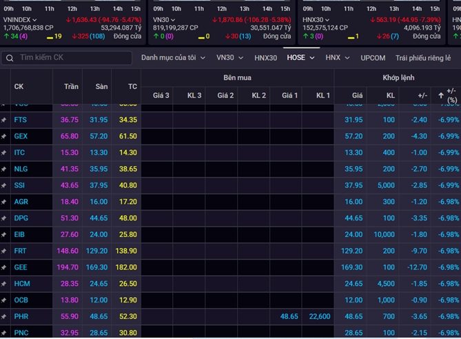 VN-Index giảm kỷ lục gần 95 điểm Sàn HOSE có tới 108 mã giảm sàn. Ảnh: BanggiaSSI.