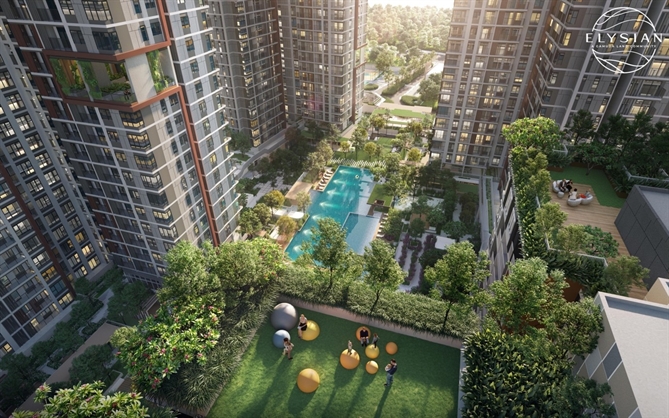 Công thức xây dựng cộng đồng tinh anh tại Elysian của Gamuda Land Việc bố trí mảng xanh đa chiều không chỉ tạo điểm nhấn mà còn cải thiện chất lượng không khí, điều hòa vi khí hậu. Ảnh phối cảnh.