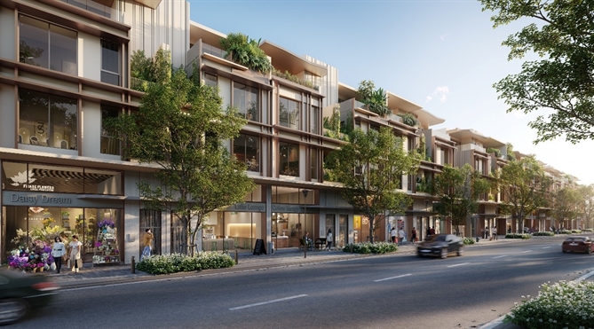 Dãy phố Boutique Townhouse nổi bật với kiến trúc “cascade” đặc trưng của dự án, mang đến nhịp sống sôi động giữa lòng khu đô thị. Ảnh: CapitaLand.
