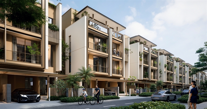 Biệt thự song lập tại SOLA với mặt đứng đồng điệu và khoảng mở được tinh chỉnh để đảm bảo sự riêng tư trong từng trải nghiệm sống.