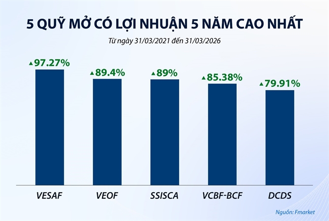 Hiệu suất 5 năm của các quỹ cổ phiếu dẫn đầu, tính đến ngày 31/3/2026.