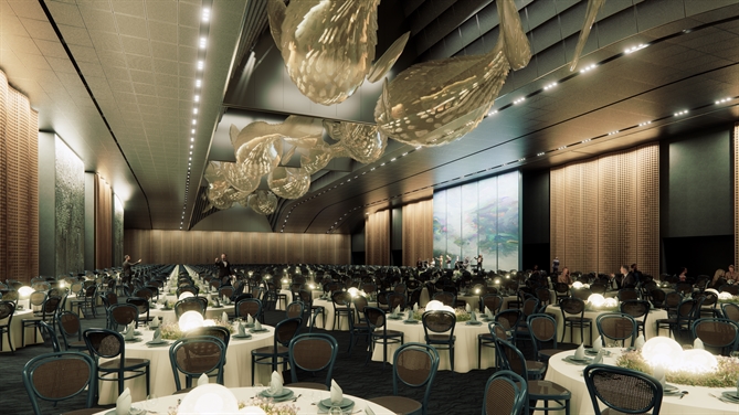 Thiết kế bên trong trung tâm Hội nghị APEC Phú Quốc. Sun Group hợp tác với những tên tuổi lớn trên thế giới để nâng tầm chất lượng cho các công trình trọng điểm phục vụ APEC 2027.