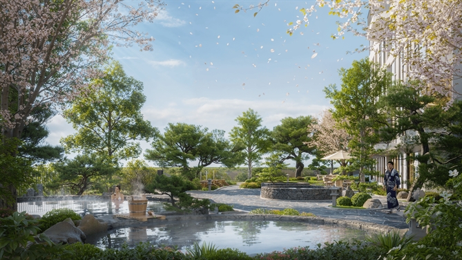 Forest Onsen: Món quà sức khỏe dành cho cha mẹ Phối cảnh bể khoáng ngoài trời tại Forest Onsen
