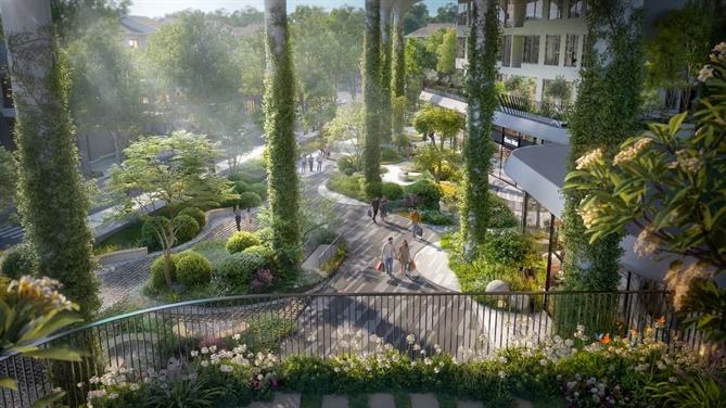 Đột phá trong thiết kế trải nghiệm sống trên cao tại Forest Onsen Cư dân mua sắm như cuộc dạo chơi dưới khối đế tòa nhà
