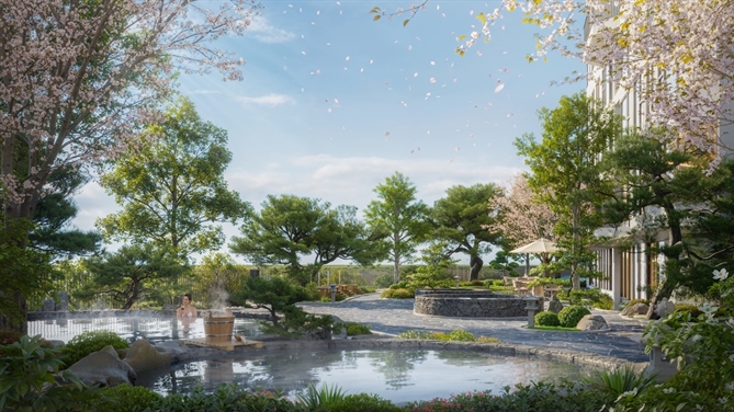 Đột phá trong thiết kế trải nghiệm sống trên cao tại Forest Onsen Phối cảnh bể tắm khoáng ngoài trời tại Forest Onsen