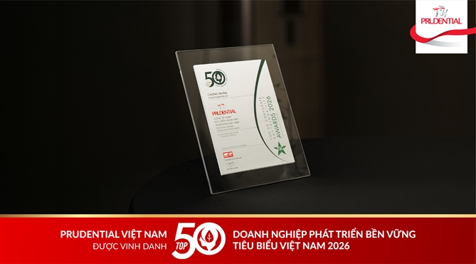 Prudential Việt Nam được vinh danh tại Top 50 Doanh nghiệp Phát triển Bền vững 2026 Prudential Việt Nam vinh dự lọt Top 50 Doanh nghiệp Phát triển Bền vững năm 2026 với hạng mục doanh nghiệp có “Hoạt động trách nhiệm cộng đồng (CSR) nổi bật”.