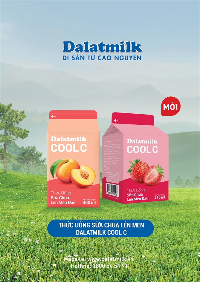 Dòng Thức uống sữa chua lên men Dalatmilk Cool C với hai vị dâu và đào