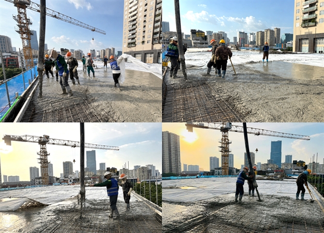 Công tác đổ bê tông mái tại công trình trường học Times Square Hà Nội