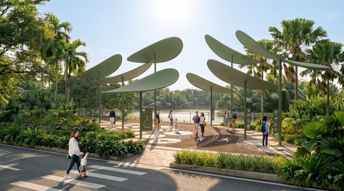 Phối cảnh một góc công viên và đường chạy bộ ven sông Giồng Ông Tố tiếp giáp Palm City. Ảnh: Hướng Việt Properties.